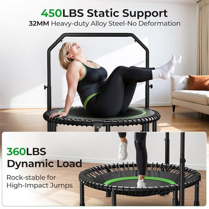 BCAN 450 LBS Foldable Mini Trampoline, 40" Fitness Trampoline with Adjustable Handle Bar, Bungees, Stable & Quiet Exercise Rebounder for Adults Indoor/Garden Workout-Green