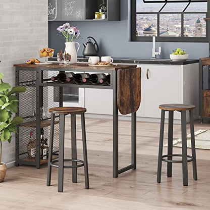 Bestier Bar Table and Chair Set, Industrial Expandable Dining Table with 2 Bar Stools, Kitchen Counter with Wine Rack & 3 Tier Adjustable Storage Shelves Rustic Brown