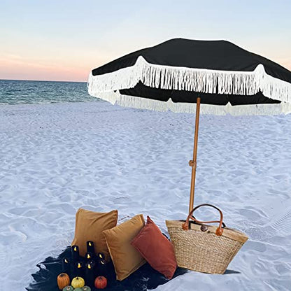 AMMSUN 7ft Boho Patio Umbrella with Fringe, Noble Black