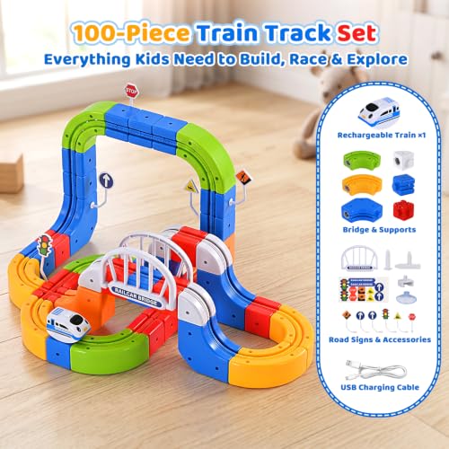 Electric Train Set 3D Track STEM Toy Toddler Gifts for 3-8 Boys Girls | 100PCS Train Sets for Kids Toys, Track Blocks with Flip Hanging Tracks, USB Car, Traffic Signs, Stockings Stuffers for Kids
