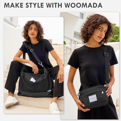 WOOMADA Weekender Overnight Bag for Women, Shoulder Travel Duffel with Shoes Compartment,Gym Bag with Toiletry Bag(Black)