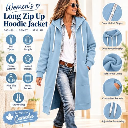 Zip Up Fleece Hoodie Women Long Womens Jacket Long Hoodies for Women Plus Size Zip Up Jacket with Hood Knee Length Cardigan Coat Casual Fleece Sweatshirt Full Zipper Light Blue,XL