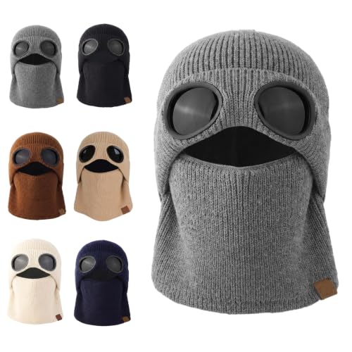 2 in 1 Ribbed Knit Balaclava Beanie with Goggle-Style Eye Panels Gray