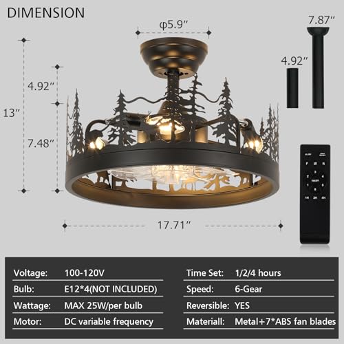 Merexcint Rustic Black Ceiling Fan with Light, Bear and Deer Design