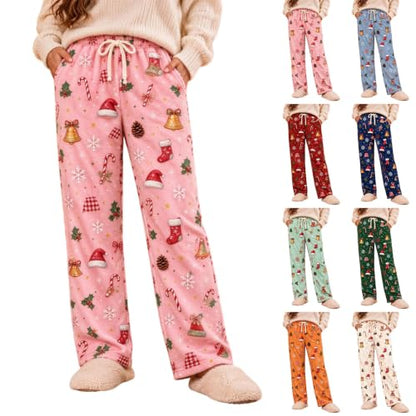 Generic Womens Fleece Pajamas Pants Cute Christmas Pj Pants Plush Sleepwear | Warm Soft Pj Pants for Women Christmas Pajamas Pants Cute Santa Hat Print Pj Bottoms Fuzzy Drawstring Lounge Pant with Pocket