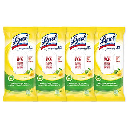 Lysol Disinfecting Wipes Flatpack, Citrus, Biodegradable Wipes, Kills 99.9% of Viruses & Bacteria, Bulk Pack of 4, 336 count (4 x 84 count)
