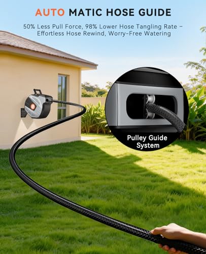 SUNPOW Retractable Garden Hose Reel - 1/2 inch x 85ft Wall Mounted Hose Reel with 3/4 inch Brass Fitting & 10 Function Sprayer Nozzle - Any Length Lock, Auto Rewind System, 180°Swivel Bracket- Grey
