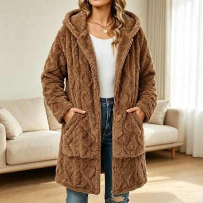 Fall Jackets for Women Jackets for Women Fuzzy Hooded Coat Mid‑Length Diamond Quilted Zip Up Plush Jacket for Home Lounging Brown S