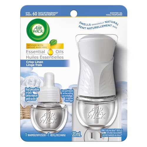 Air Wick Plug In Scented Oil Air Freshener for Home – Infused with Essential Oils, Adjustable Fragrance Control – Crisp Linen Scent – Includes 1 Warmer & 1 Refill