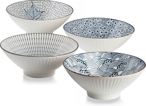 QINLANG 38 oz Japanese Ramen Bowls, Ceramic Set of 4 for Cereal, Soup, Pho, Noodles - Blue and White, 8 Inches