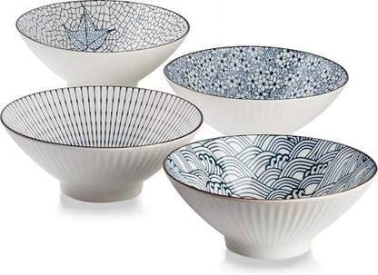 QINLANG 38 oz Japanese Ramen Bowls, Ceramic Set of 4 for Cereal, Soup, Pho, Noodles - Blue and White, 8 Inches