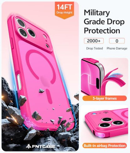 FNTCASE for iPhone 18 Pro Max Case/ iPhone 17 Pro Max Case, Fit for Magsafe | Screen Protector, Full Camera Protection, Translucent Matte, 14FT Military Grade Drop Proof, Shockproof Cover, Hot Pink