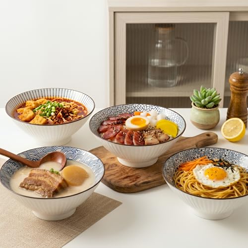 QINLANG 38 oz Japanese Ramen Bowls, Ceramic Set of 4 for Cereal, Soup, Pho, Noodles - Blue and White, 8 Inches