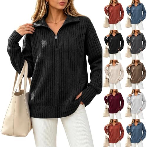Women's Quarter Zip Lapel Pullover Tops Knit Long Sleeve with Thumbholes