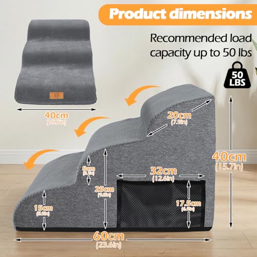Almcmy Dog Stairs for Small Dogs 15.7" H 3-Step Bed Sofa Chair Use, Grey