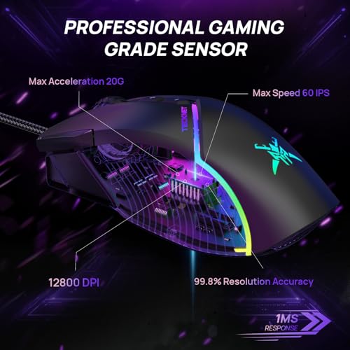 TECKNET Wired Gaming Mouse, 12,800 DPI with Optical Sensor, 8 Programmable Buttons, 13 RGB Backlit Modes, Ergonomic Design, Custom Software Gaming Mice for Laptop,PC