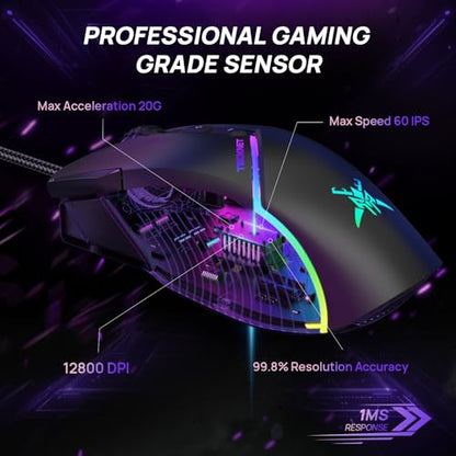 TECKNET Wired Gaming Mouse, 12,800 DPI with Optical Sensor, 8 Programmable Buttons, 13 RGB Backlit Modes, Ergonomic Design, Custom Software Gaming Mice for Laptop,PC