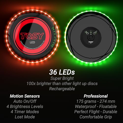TOSY Flying Disc - 36 Monocolor LEDs, Super Bright, Smart Modes, Birthday Gift, Camping Toy for Kid/Teen/Adult, Auto Light Up, Rechargeable, Waterproof, 175g