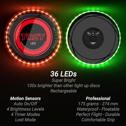 TOSY Flying Disc - 36 Monocolor LEDs, Super Bright, Smart Modes, Birthday Gift, Camping Toy for Kid/Teen/Adult, Auto Light Up, Rechargeable, Waterproof, 175g