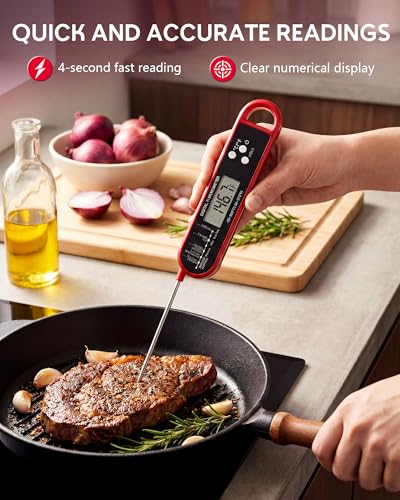 Digital Meat Thermometer with Folding Probe, Instant Read Food Thermometer, 4-Second Fast Accurate Thermometer with Large LCD Display for Cooking Kitchen BBQ