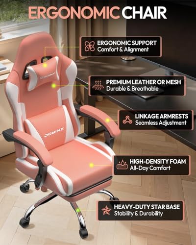 Ergonomic Gaming Chair with Footrest, Heavy Duty 330lbs Office Chair, Massage Lumbar Support, Adjustable Height & Headrest Pillow, Comfortable for Back Pain Relief, Streaming, Long Gaming, Pink