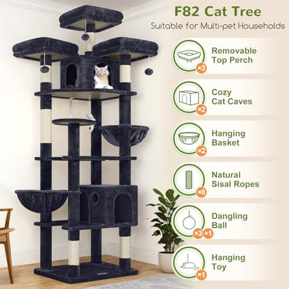 Globlazer Cat Trees and Towers for Multiple Adult Cats, 82-inch XXL Tall Cat Tree Tower for Indoor Cats with Scratching Post, 3 Perches, 2 Hanging Baskets, 2 Condos, Dark Grey, F82