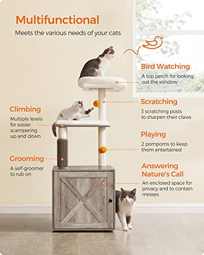 Feandrea Cat Tree with Litter Box Enclosure, 2-in-1 Modern Cat Tower for Indoor Cats, 52.8-Inch Cat Condo with Self Groomer, Scratching Posts, Washable Cushions, Greige UPCT115G01