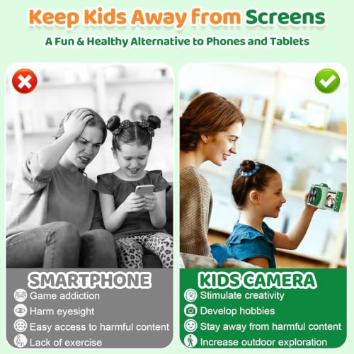 Kids Camera for Big Boys and Girls Flip Screen2.4+Telescopic Zoom 1080P Selfie Photo+Video Digital Camera for Age 5-12 with Cartoon Cover & SD Card Gift Best Chritmas Birthday Festival Gift(Green)