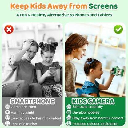 Kids Camera for Big Boys and Girls Flip Screen2.4+Telescopic Zoom 1080P Selfie Photo+Video Digital Camera for Age 5-12 with Cartoon Cover & SD Card Gift Best Chritmas Birthday Festival Gift(Green)