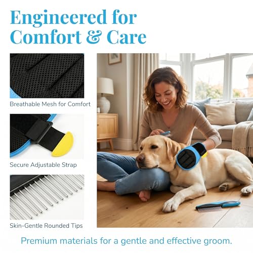 UPEOXT Pet Hair Remover Glove and Grooming Comb Set, Electrostatic Dog Cat Fur Cleaning Tool, Reusable Magic Brush for Furniture Carpet Clothes, 2 Pcs