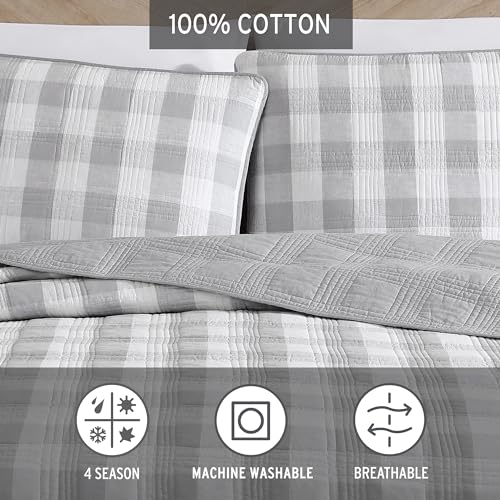 Eddie Bauer- Twin Quilt Set, Cotton Reversible Bedding with Matching Sham, Home Decor for All Seasons (Lakehouse Plaid Light Grey, Twin)