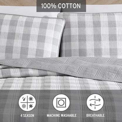 Eddie Bauer- Twin Quilt Set, Cotton Reversible Bedding with Matching Sham, Home Decor for All Seasons (Lakehouse Plaid Light Grey, Twin)