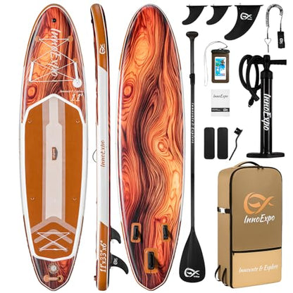 InnoExpo 11' Inflatable Stand Up Paddle Boards with Premium Accessories, Wide Stable SUP Paddle Board Design, Non-Slip Comfort Deck for Youth & Adults (Timber)