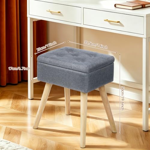 Vanity Stool with Storage, Vanity Chair with Solid Wood Legs, Grey