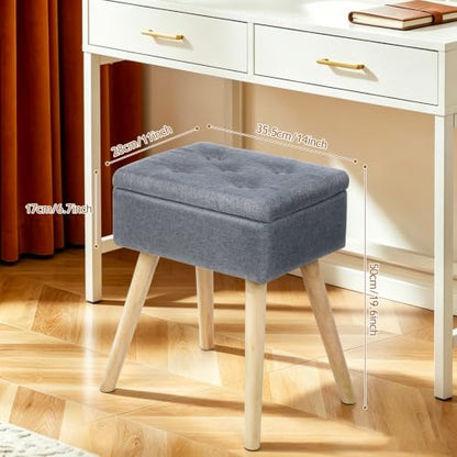 Vanity Stool with Storage, Vanity Chair with Solid Wood Legs, Grey