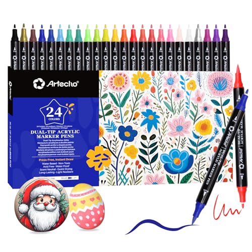 Artecho Acrylic Paint Pens 24 Colors | Dual Tip Acrylic Paint Markers with Brush Tip and Fine Tip for Rock Painting,Glass,Wood,Egg,Ceramic,Fabric,leather,DIY Crafts