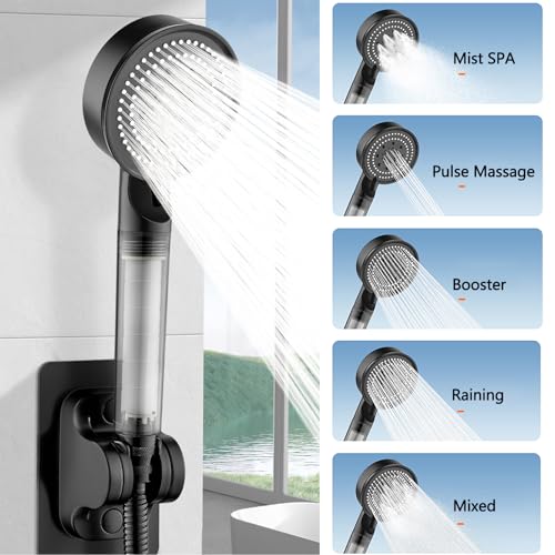 NIISDROP Filter Handheld Shower Head Black, High Pressure 5 Spray Patterns, Water Softener Beads for Hard Water Dechlorination