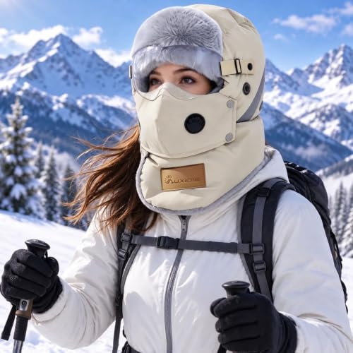 Generic Unisex Winter Trapper Hats Windproof Plush Fleece Hat with Goggles | 4 in 1 Winter Thermal Hat with Glasses, Cold Weather Warm Ski Hat for Men Women, Full Face Cover Fleece Lined Earflap Hat