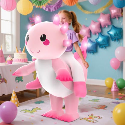 Inflatable Costume for kids,Inflatable Axolotl Riding Costume with Lights,Halloween Glow in The Dark Blow up Costumes
