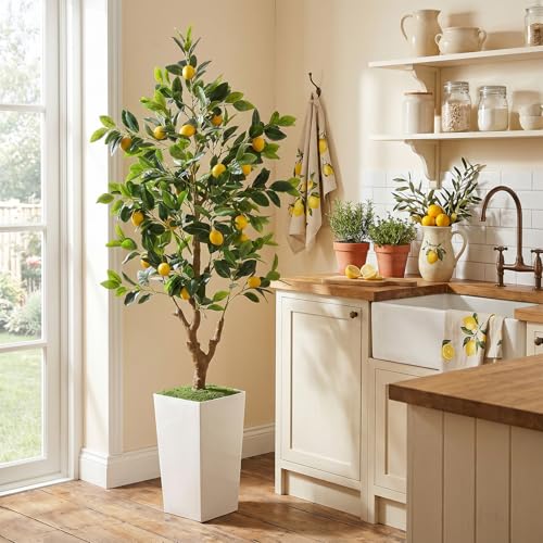 PHYTREE 5FT Artificial Lemon Tree with White Tall Planter & Fruits