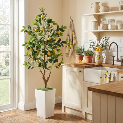 PHYTREE 5FT Artificial Lemon Tree with White Tall Planter & Fruits