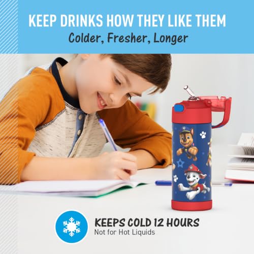 THERMOS FUNTAINER Water Bottle with Straw, 14oz, Paw Patrol Boy | Kids Stainless Steel Insulated Water Bottle, Keeps Drinks Cold Longer for School & Play, BPA-Free