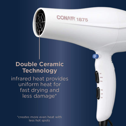 Conair Double Ceramic 1875W Hair Dryer, 3 Heat/ 2 Speed Blow Dryer, Powerful and Fast Drying, Includes Concentrator, Cool Shot Button, Removable Filter, White, Travel hair dryer : Amazon.ca: Beauty & Personal Care