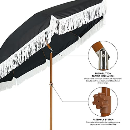 AMMSUN 7ft Boho Patio Umbrella with Fringe, Noble Black