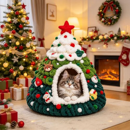Christmas Tree Cat Bed Knitted Warm Indoor Nest Cat Tent for Small Pets | 20*24in Xmas Cat Tree Festive Holiday Warm Cat House for Naps Hiding and Relaxing for Small Cats Puppies and Small Pets