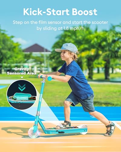Gyroor Electric Scooter for Kids Ages 6-12, E Scooter with 8km/h Safe Speed, 110LBS Load, Adjustable Handlebar & LED Lights, Gravity Sensing, Ideal for Boys Girls Gift Cyan