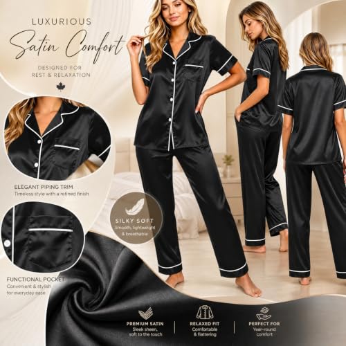 Womens Satin Pajamas Silk Pjs for Women Satin Pajama Sets for Women Short Sleeve Button Down Silk Pjs Sets with Trousers Classic 2 Piece Lounge Sleepwear Black,XXL