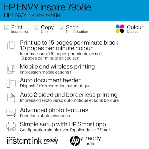 HP Envy Inspire 7958e Wireless Color Inkjet Printer, Print, scan, Copy, Easy Setup, Mobile Printing, Best for Home, Instant Ink with HP+, 3 Months Instant Ink Included
