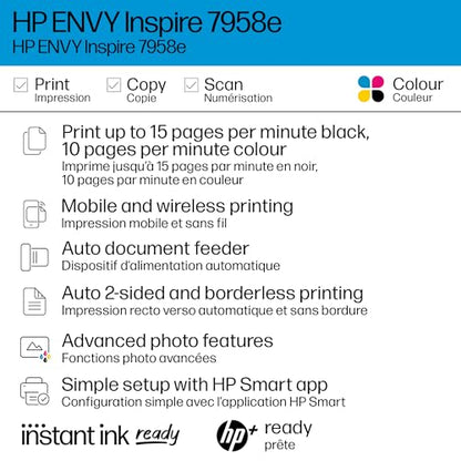 HP Envy Inspire 7958e Wireless Color Inkjet Printer, Print, scan, Copy, Easy Setup, Mobile Printing, Best for Home, Instant Ink with HP+, 3 Months Instant Ink Included