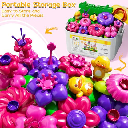 Flower Garden Building Toys for Kids, DIY Stacking Toys with Storage Box